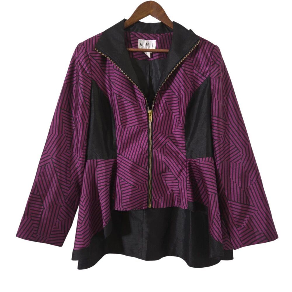 G.M.I. Geometric Print Hi Low Jacket 16 Purple Black Artsy Church Special Event